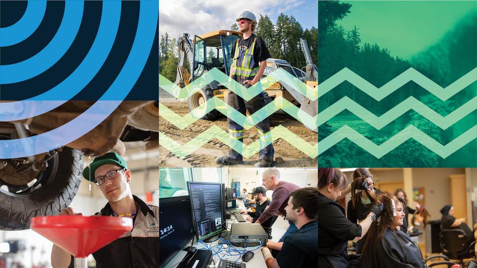 collage of people working in trades. Includes a person inspecting a car engine and a hairdresser. 