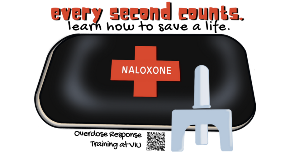 Image of a naloxone kit and nasal naloxone with writing "every second counts. learn how to save a life"