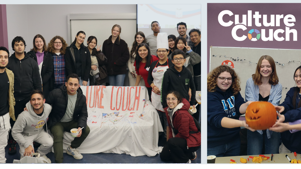 A diverse group of students and staff pose together in a classroom during a Culture Couch event.